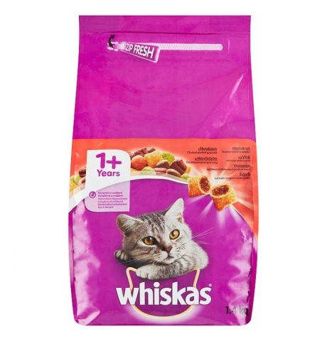 Whiskas 1+ chutné plnené granule s hovädzím kompletné suché krmivo pre dospelé mačky 1,4 kg