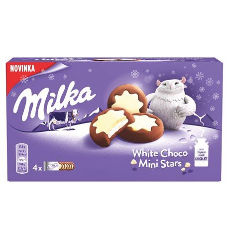 Milka White Choco Mini Stars kakaové sušienky mliečna náplň a biela čokoláda 150 g