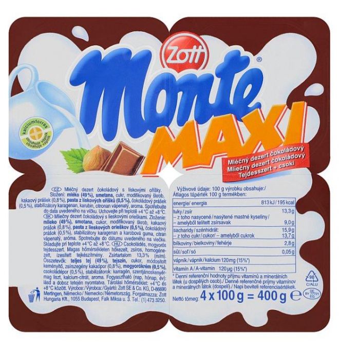 Zott Monte Maxi mliečny dezert čokoládový 4 x 100 g (400 g)