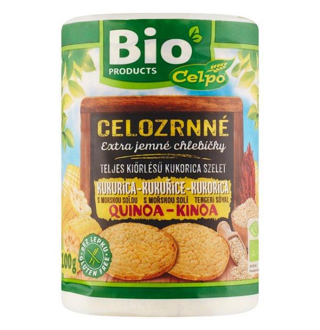 Celpo Bio celozrnné extra jemné chlebíčky quinoa, kukurica s morskou soľou 100 g