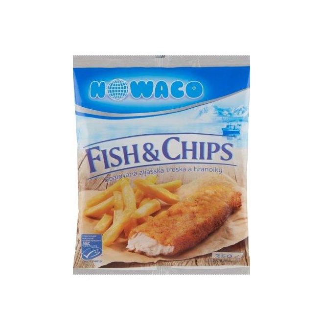 Nowaco Fish & Chips obaľované predsmažené porcie Aljašskej tresky s hranolkami 350 g