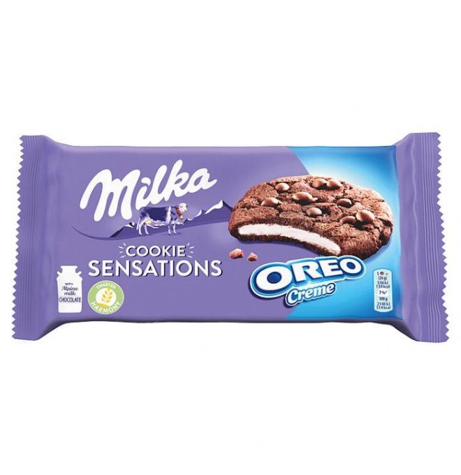 Milka Cookie Sensations Oreo Creme kakaové sušienky s kúskami čokolády s vanilkovou náplňou 156 g