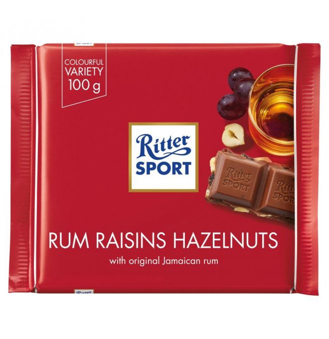 Čokoláda Ritter Sport Mliečna Rum Hrozienka Oriešky 100g