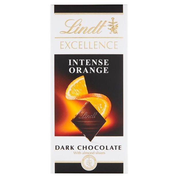 Lindt Excellence Intense Orange horká čokoláda s kúskami mandlí a s pomarančovou šťavou 100 g