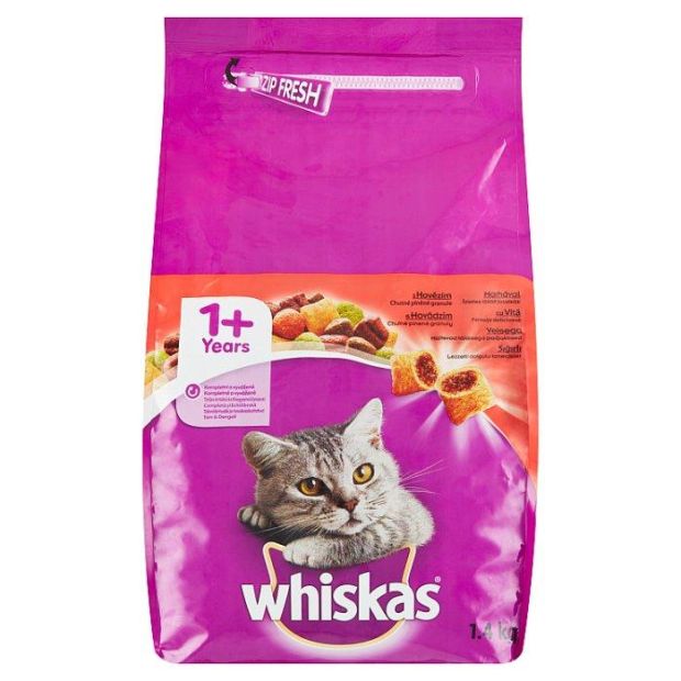 Whiskas 1+ chutné plnené granule s hovädzím kompletné suché krmivo pre dospelé mačky 1,4 kg