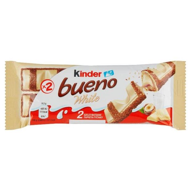Kinder Bueno White oblátky plnené mliečnou a lieskovcovou náplňou v bielej čokoláde 2 x 19,5 g