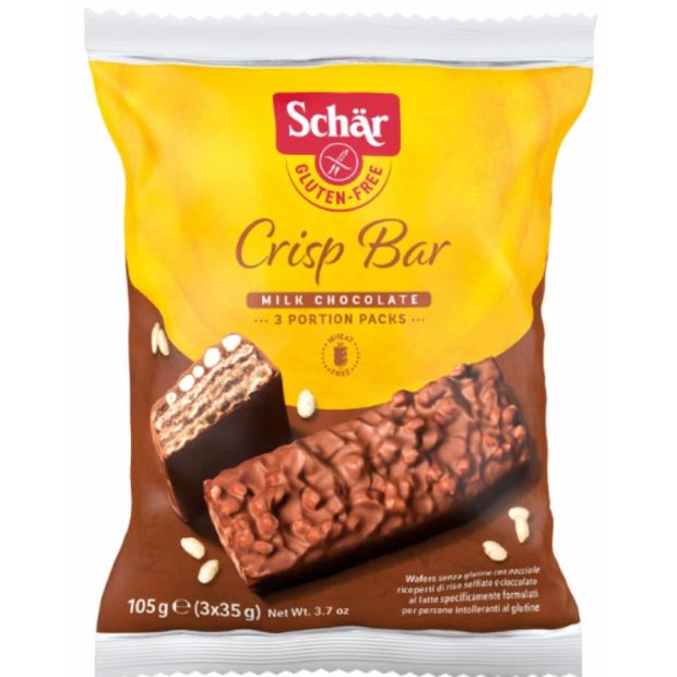 Schär Crisp bar, oplátky máčané v mliečnej čokoláde s lieskovo-orieškovou náplňou 105g